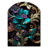 Abstract Ornate Flowers In Purple And Gold III - Asymmetric Metal Wall Art