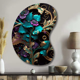 Abstract Ornate Flowers In Purple And Gold III - Asymmetric Metal Wall Art