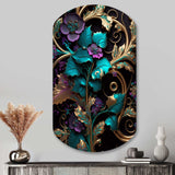 Abstract Ornate Flowers In Purple And Gold III - Asymmetric Metal Wall Art