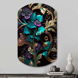 Abstract Ornate Flowers In Purple And Gold III - Asymmetric Metal Wall Art