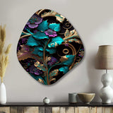 Abstract Ornate Flowers In Purple And Gold III - Asymmetric Metal Wall Art