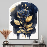 Blue And Gold Painted Rose On White III - Asymmetric Metal Wall Art