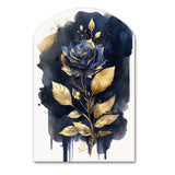 Blue And Gold Painted Rose On White III - Asymmetric Metal Wall Art