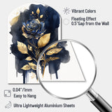 Blue And Gold Painted Rose On White III - Asymmetric Metal Wall Art