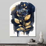 Blue And Gold Painted Rose On White III - Asymmetric Metal Wall Art