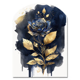 Blue And Gold Painted Rose On White III - Asymmetric Metal Wall Art