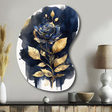 Blue And Gold Painted Rose On White III - Asymmetric Metal Wall Art