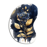 Blue And Gold Painted Rose On White III - Asymmetric Metal Wall Art