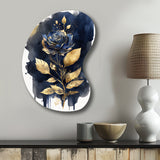 Blue And Gold Painted Rose On White III - Asymmetric Metal Wall Art