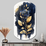 Blue And Gold Painted Rose On White III - Asymmetric Metal Wall Art