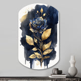 Blue And Gold Painted Rose On White III - Asymmetric Metal Wall Art