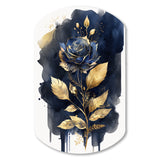 Blue And Gold Painted Rose On White III - Asymmetric Metal Wall Art