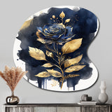 Blue And Gold Painted Rose On White III - Asymmetric Metal Wall Art