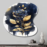 Blue And Gold Painted Rose On White III - Asymmetric Metal Wall Art