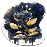 Blue And Gold Painted Rose On White III - Asymmetric Metal Wall Art