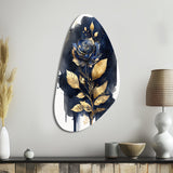 Blue And Gold Painted Rose On White III - Asymmetric Metal Wall Art