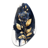 Blue And Gold Painted Rose On White III - Asymmetric Metal Wall Art