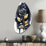 Blue And Gold Painted Rose On White III - Asymmetric Metal Wall Art