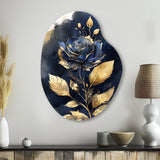 Blue And Gold Painted Rose On White III - Asymmetric Metal Wall Art