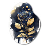 Blue And Gold Painted Rose On White III - Asymmetric Metal Wall Art