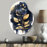 Blue And Gold Painted Rose On White III - Asymmetric Metal Wall Art