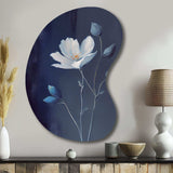 Single White Blooming Wildflower On Retro Blue IV - Asymmetric Metal Wall Art