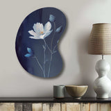 Single White Blooming Wildflower On Retro Blue IV - Asymmetric Metal Wall Art