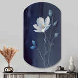 Single White Blooming Wildflower On Retro Blue IV - Asymmetric Metal Wall Art