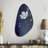 Single White Blooming Wildflower On Retro Blue IV - Asymmetric Metal Wall Art