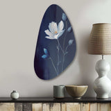 Single White Blooming Wildflower On Retro Blue IV - Asymmetric Metal Wall Art