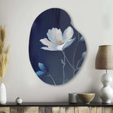 Single White Blooming Wildflower On Retro Blue IV - Asymmetric Metal Wall Art