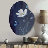 Single White Blooming Wildflower On Retro Blue IV - Asymmetric Metal Wall Art