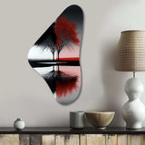 Red And Black Abstract Trees By The Lake - Asymmetric Metal Wall Art