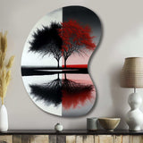 Red And Black Abstract Trees By The Lake - Asymmetric Metal Wall Art