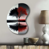 Red And Black Abstract Trees By The Lake - Asymmetric Metal Wall Art