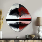 Red And Black Abstract Trees By The Lake - Asymmetric Metal Wall Art