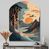 Mountain Trees In Retro Graphic Blue - Asymmetric Metal Wall Art