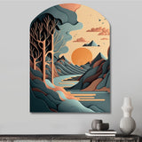 Mountain Trees In Retro Graphic Blue - Asymmetric Metal Wall Art