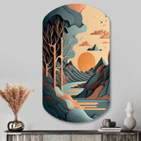 Mountain Trees In Retro Graphic Blue - Asymmetric Metal Wall Art