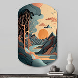 Mountain Trees In Retro Graphic Blue - Asymmetric Metal Wall Art