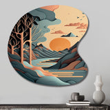 Mountain Trees In Retro Graphic Blue - Asymmetric Metal Wall Art