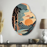 Mountain Trees In Retro Graphic Blue - Asymmetric Metal Wall Art