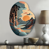 Mountain Trees In Retro Graphic Blue - Asymmetric Metal Wall Art