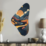 Orange Moon In Graphic Blue River Mountains - Asymmetric Metal Wall Art