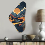 Orange Moon In Graphic Blue River Mountains - Asymmetric Metal Wall Art