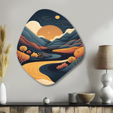 Orange Moon In Graphic Blue River Mountains - Asymmetric Metal Wall Art