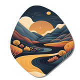 Orange Moon In Graphic Blue River Mountains - Asymmetric Metal Wall Art