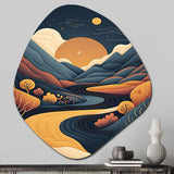 Orange Moon In Graphic Blue River Mountains - Asymmetric Metal Wall Art