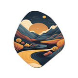 Orange Moon In Graphic Blue River Mountains - Asymmetric Metal Wall Art