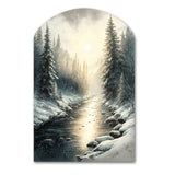 Sunlight Reflecting The Snow Forest River I - Asymmetric Metal Wall Art